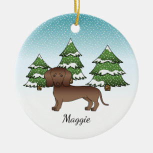 Chocolate Smooth Coat Dachshund - Winter Forest Ceramic Ornament