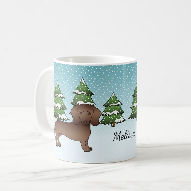 Chocolate Smooth Coat Dachshund - Winter Forest Coffee Mug (Front Left)