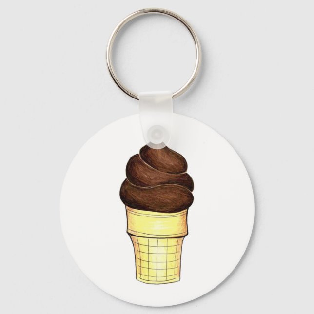 Chocolate Soft Serve Swirl Ice Cream Cone Foodie Keychain (Front)