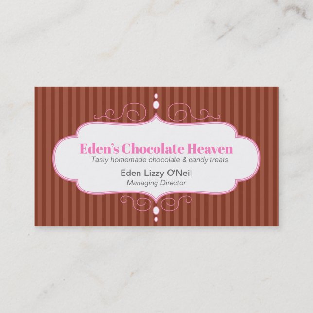 Chocolate stripe decorative white pink panel bake business card (Front)