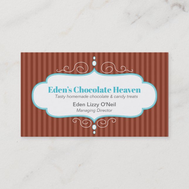 Chocolate stripe decorative white teal panel bake business card (Front)