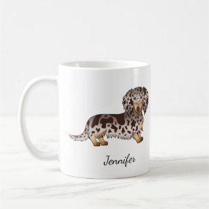 Chocolate & Tan Dapple Long Hair Dachshund & Name Coffee Mug