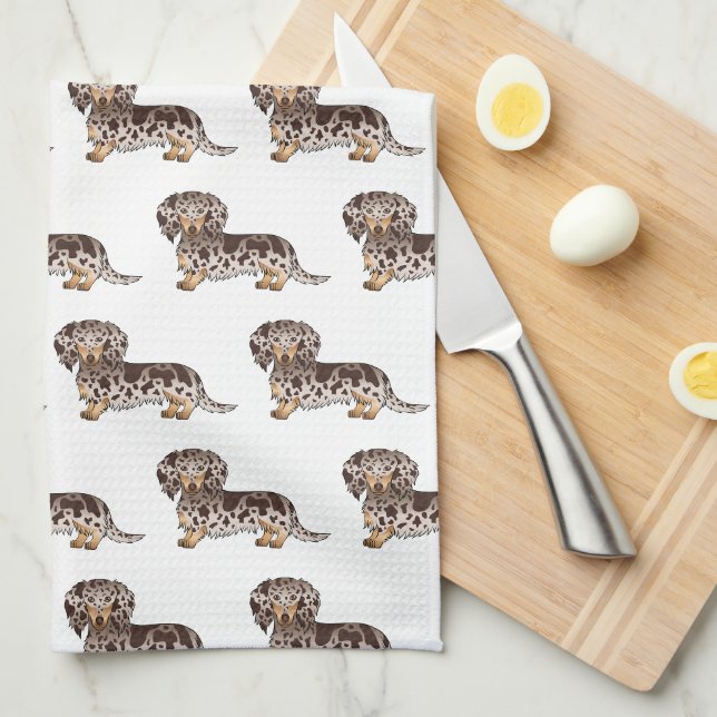 Chocolate & Tan Dapple Long Hair Dachshund Pattern Kitchen Towel (Quarter Fold)