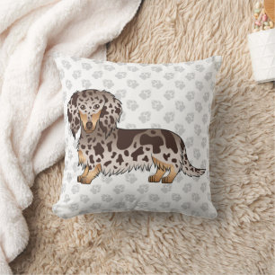 Chocolate & Tan Dapple Long Hair Dachshund & Paws Throw Pillow