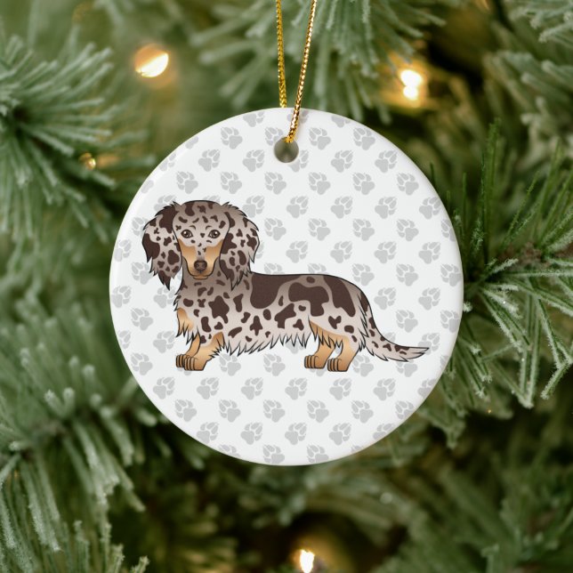 Chocolate & Tan Dapple Long Hair Dachshund & Text Ceramic Ornament (Tree)