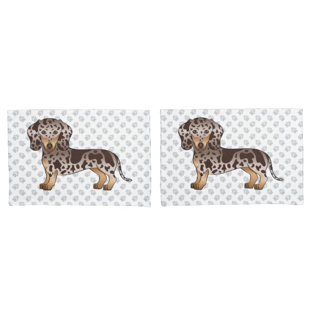 Chocolate & Tan Dapple Short Hair Dachshund & Paws Pillowcase (Front-Set)