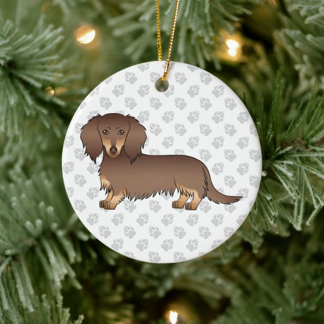 Chocolate & Tan Long Hair Dachshund Cartoon Dog Ceramic Ornament (Tree)