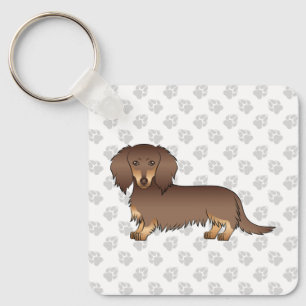 Chocolate & Tan Long Hair Dachshund Cartoon Dog Keychain