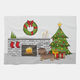 Chocolate & Tan Long Hair Dachshund Christmas Room Kitchen Towel