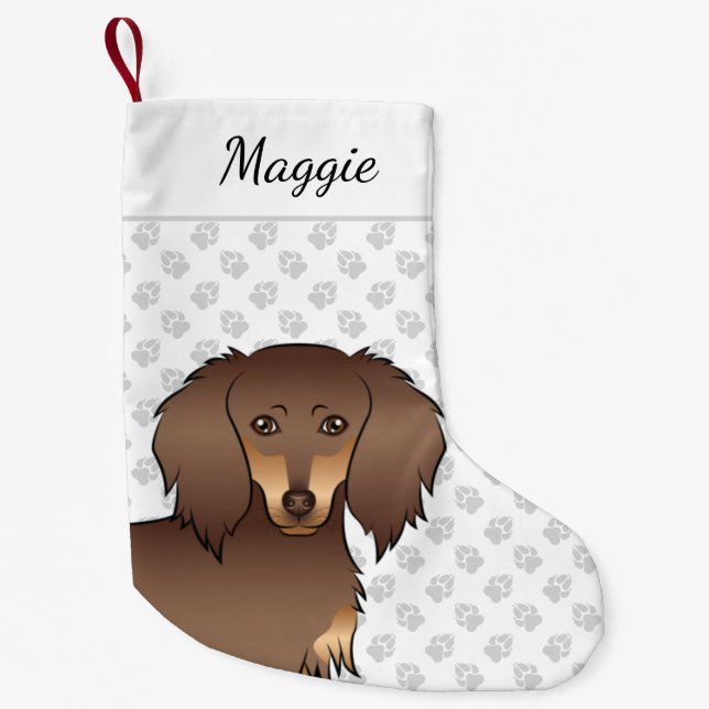 Chocolate & Tan Long Hair Dachshund Dog Head Small Christmas Stocking (Front)
