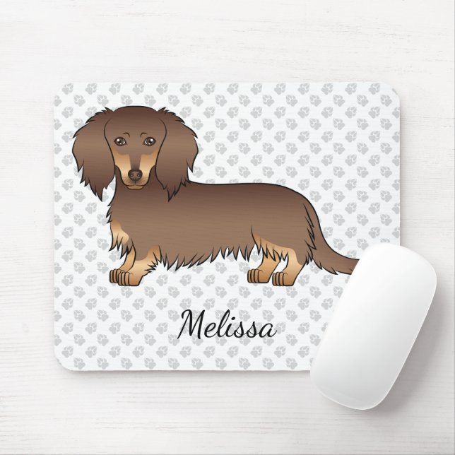 Chocolate & Tan Long Hair Dachshund Dog & Name Mouse Pad (With Mouse)