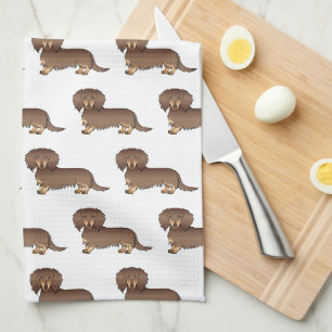 Chocolate & Tan Long Hair Dachshund Dog Pattern Kitchen Towel