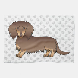 Chocolate & Tan Long Hair Dachshund Dog & Paws Kitchen Towel
