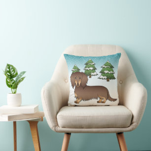Chocolate & Tan Long Hair Dachshund Winter Forest Throw Pillow