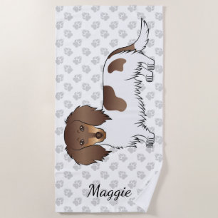 Chocolate & Tan Piebald Long Hair Dachshund & Name Beach Towel