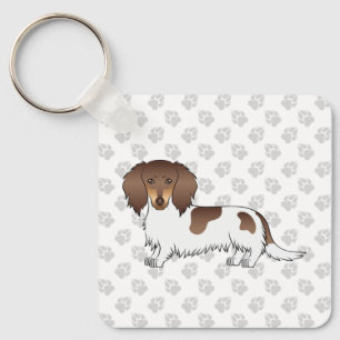 Chocolate & Tan Piebald Long Hair Dachshund & Paws Keychain