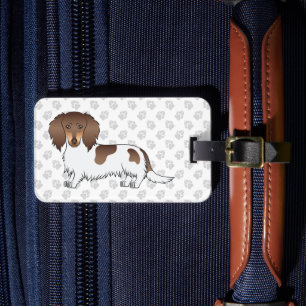 Chocolate & Tan Piebald Long Hair Dachshund & Paws Luggage Tag