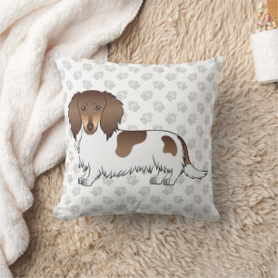 Chocolate & Tan Piebald Long Hair Dachshund & Paws Throw Pillow