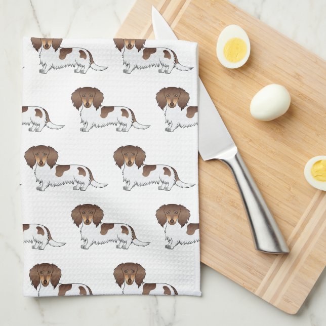 Chocolate & Tan Pied Long Hair Dachshund Pattern Kitchen Towel (Quarter Fold)