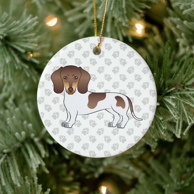 Chocolate & Tan Pied Short Hair Dachshund & Paws Ceramic Ornament (Tree)