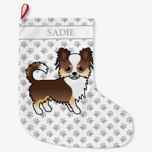 Chocolate Tricolor Long Coat Chihuahua Dog & Name Large Christmas Stocking