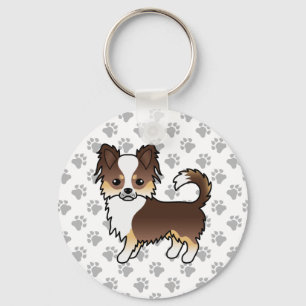 Chocolate Tricolor Long Coat Chihuahua Dog & Paws Keychain