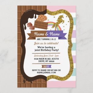 Chocolate & Unicorn ANY AGE birthday Joint Party Invitation