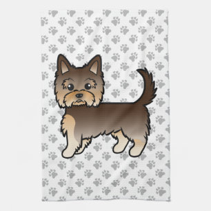 Chocolate Yorkshire Terrier Cartoon Dog & Paws Kitchen Towel