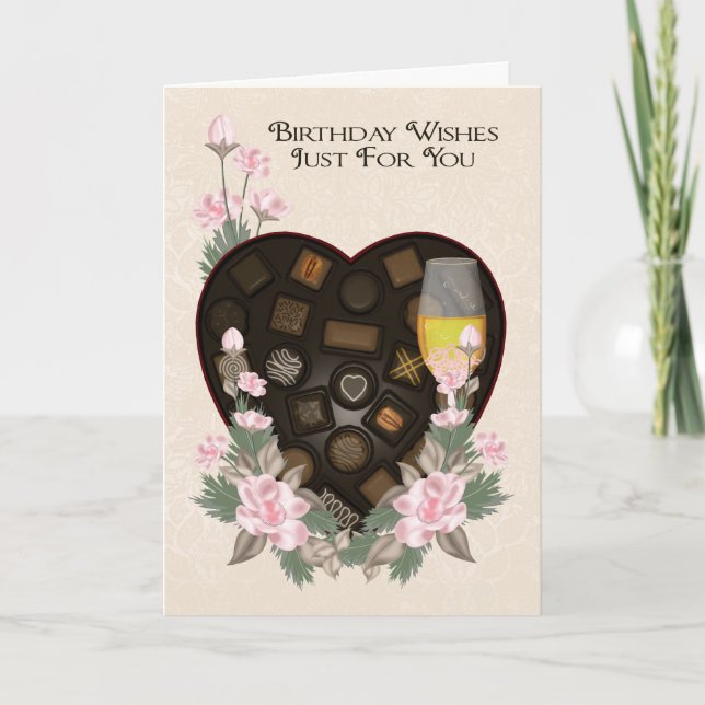 Chocolates Wine And Flower Birthday Greeting Card (Front)