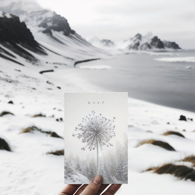 Choix de mariage de fleurs d'hiver congelées RSVP (Frozen allium flower in a snowy wintery landscape, perfect for you winter wedding rsvp)
