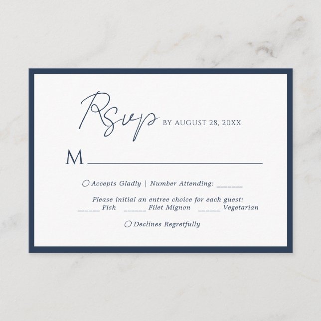 Choix de menu de mariage minimal script bleu marin (Devant)