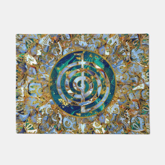 Choku Rei Symbol in Mandala on Marble and Gold Doormat (Front)