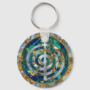 Choku Rei Symbol in Mandala on Marble and Gold Keychain