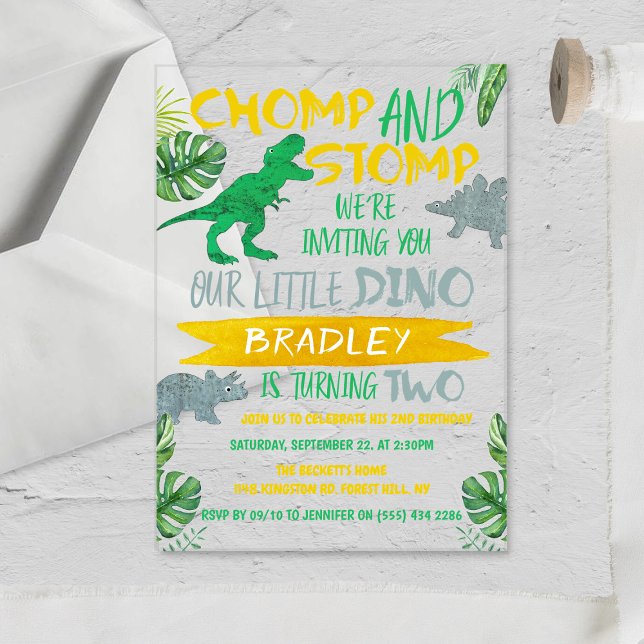 Chomp & Stomp! Dinosaur Boys 2nd Birthday Acrylic Invitations (Creator Uploaded)