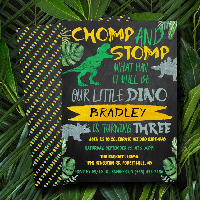 Chomp & Stomp! Dinosaur Boys 3rd Birthday Invitation (Creator Uploaded)