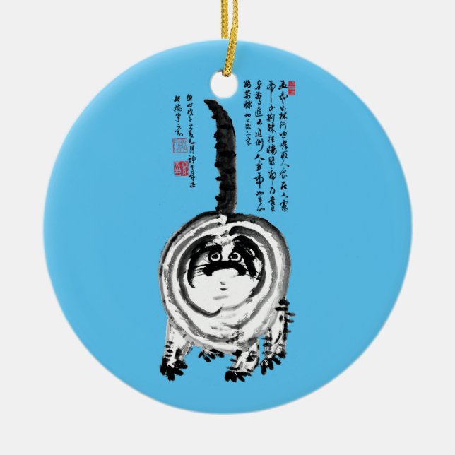 Chonky Striped Japanese Tabby Cat Ceramic Ornament (Front)