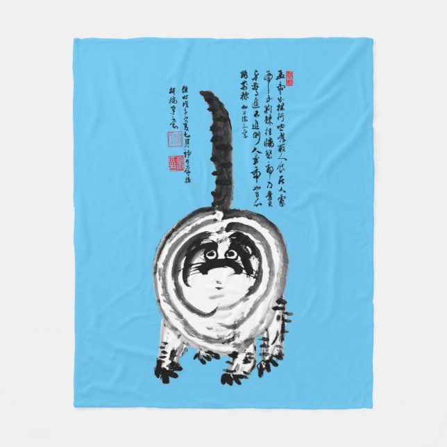Chonky Striped Japanese Tabby Cat Fleece Blanket (Front)