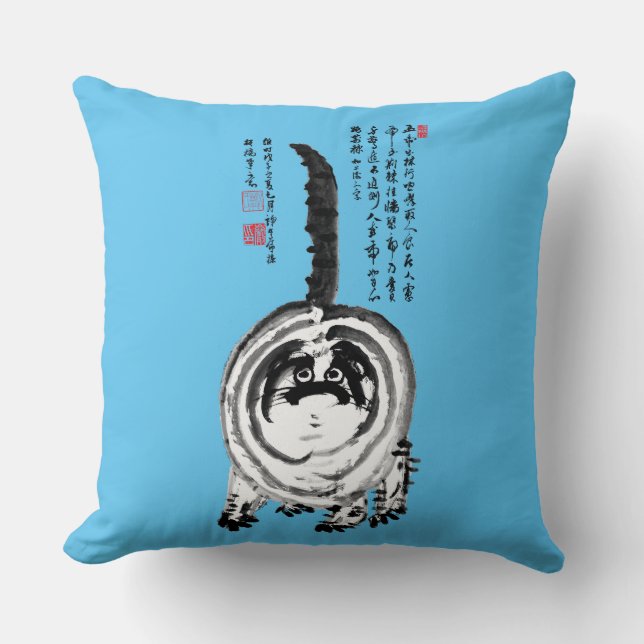 Chonky Striped Japanese Tabby Cat Throw Pillow (Front)