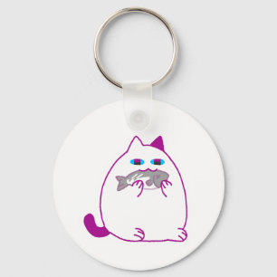 Chonky White Cat with a Fish Keychain