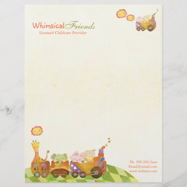 Choo Choo Train Baby Animals Daycare Business Letterhead (Front)