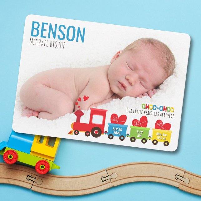 Choo-Choo Train Birth Announcement Card (Adorable train-themed birth announcement with photo slots and heartfelt charm.)