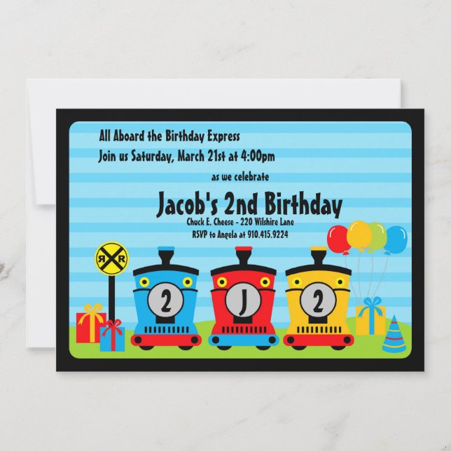 choo choo train birthday boy invitations blue red (Front)