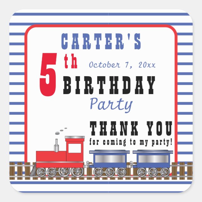 Choo Choo Train Birthday Thank You Favour Square Sticker (Front)