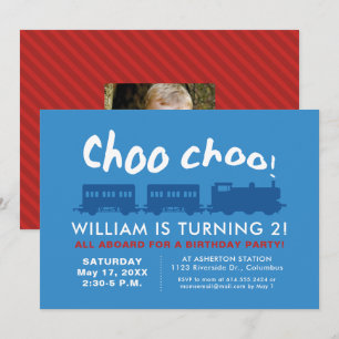 Choo choo train blue red children's birthday invitation