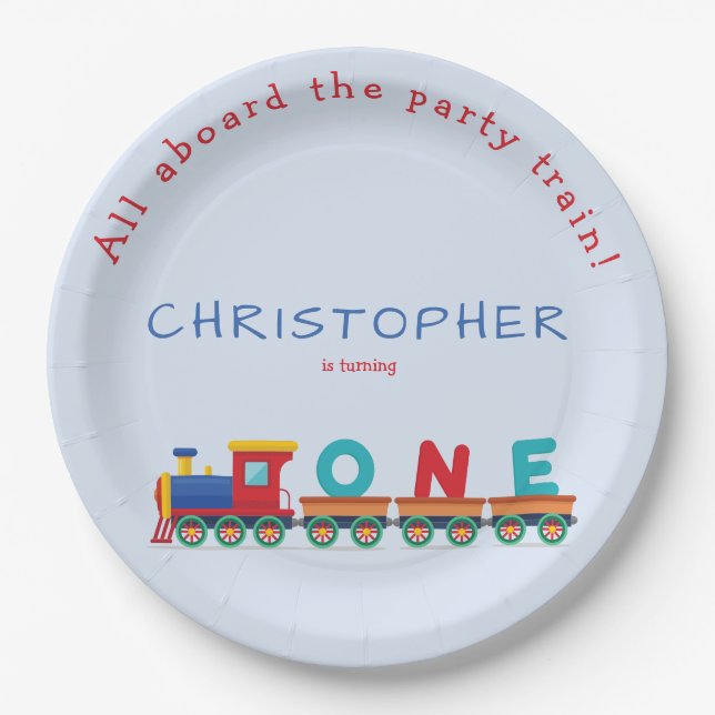 Choo Choo Train Boys 1st Birthday Blue Party  Paper Plate (Front)