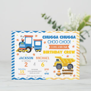 Choo Choo Train & Construction Joint Birthday Invitation