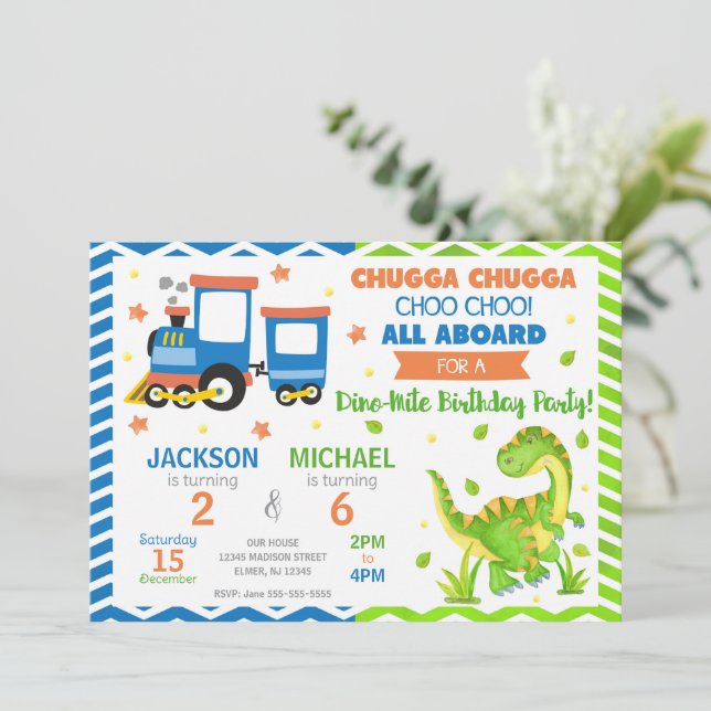 Choo Choo Train & Dinosaur Joint Birthday Invitation (Standing Front)