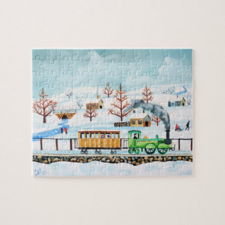 Choo choo train folk art winter scene jigsaw puzzle