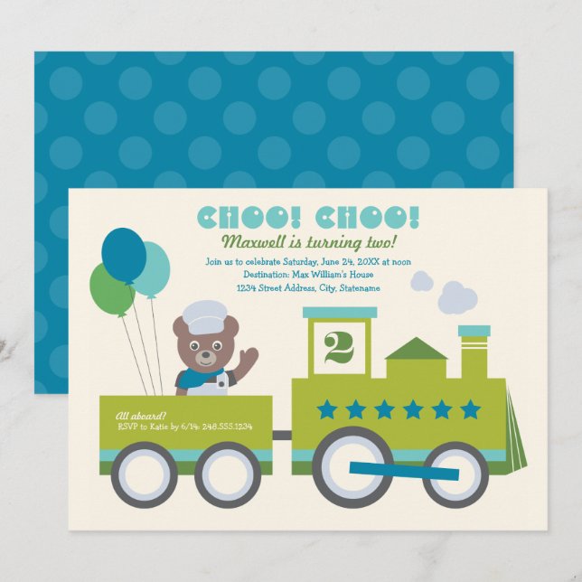 Choo Choo Train Teal Bear Conductor Birthday Party Invitation (Front/Back)