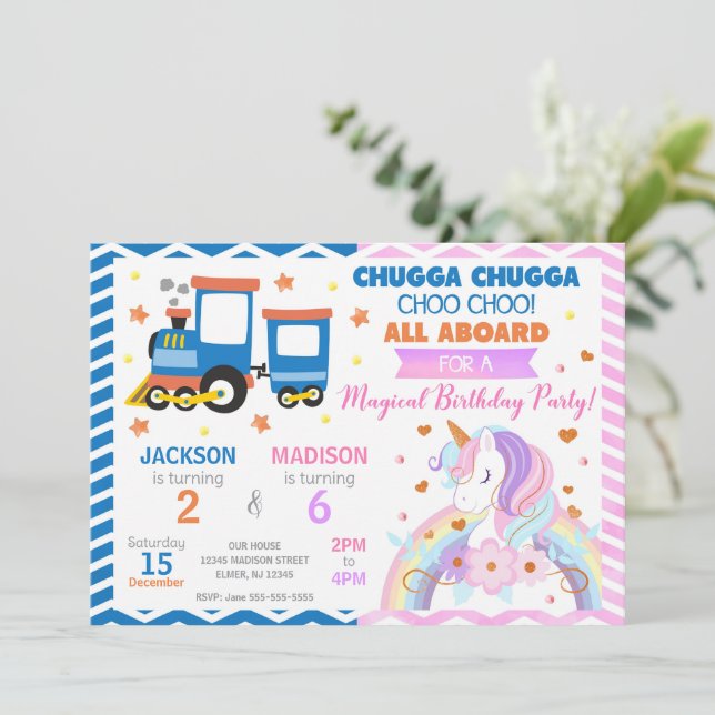 Choo Choo Train & Unicorn Joint Birthday Invitation (Standing Front)